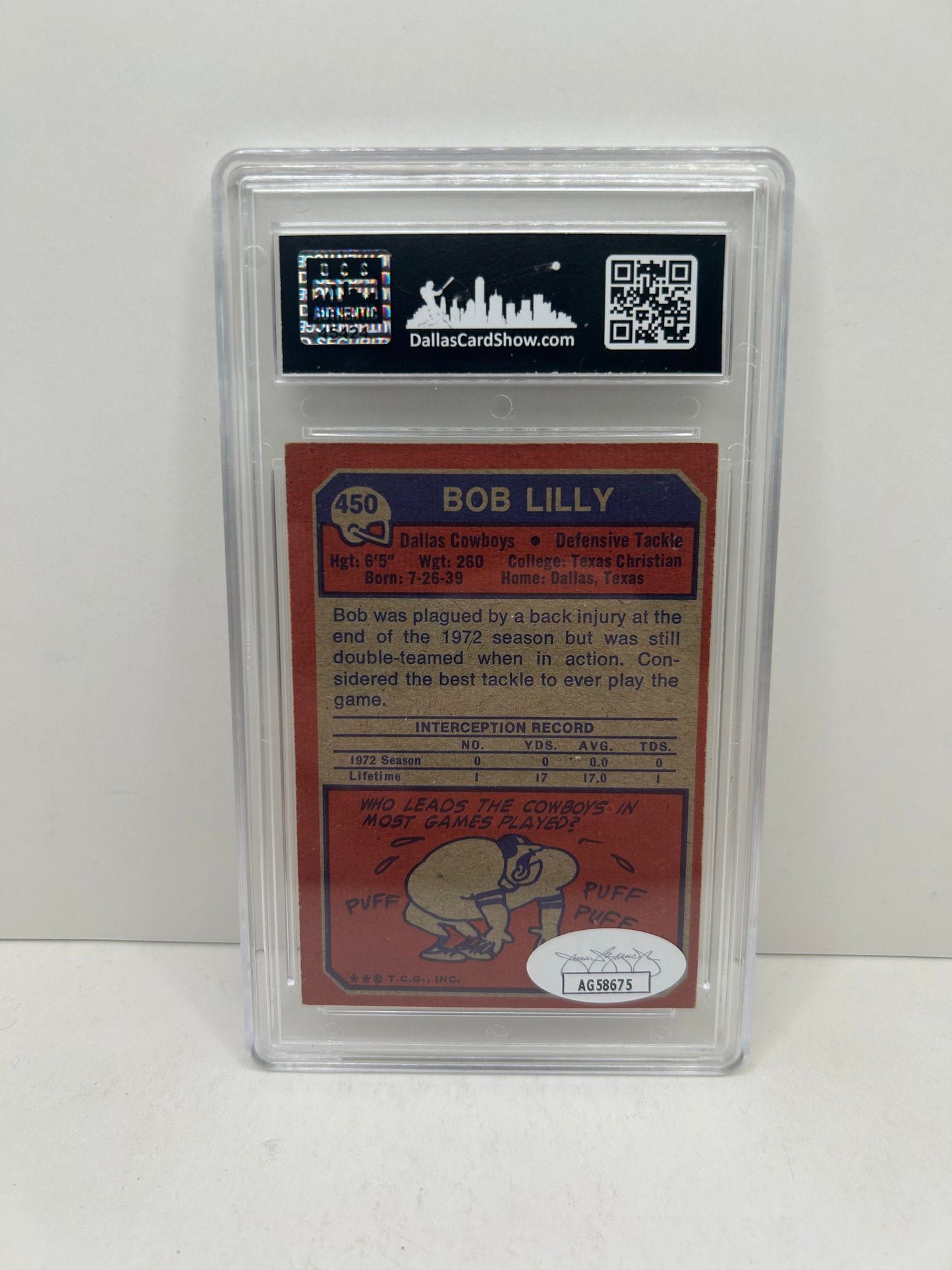 1973 Topps #450 Bob Lilly Dallas Cowboys Autographed JSA Certified