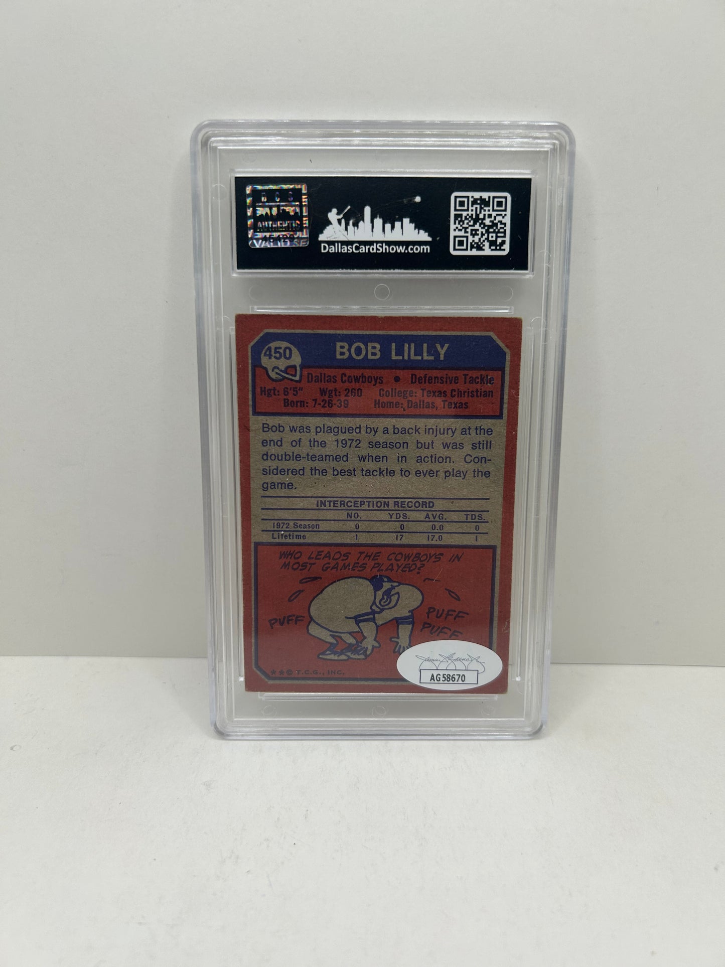 1973 Topps Bob Lilly #450 Autographed JSA Authentic