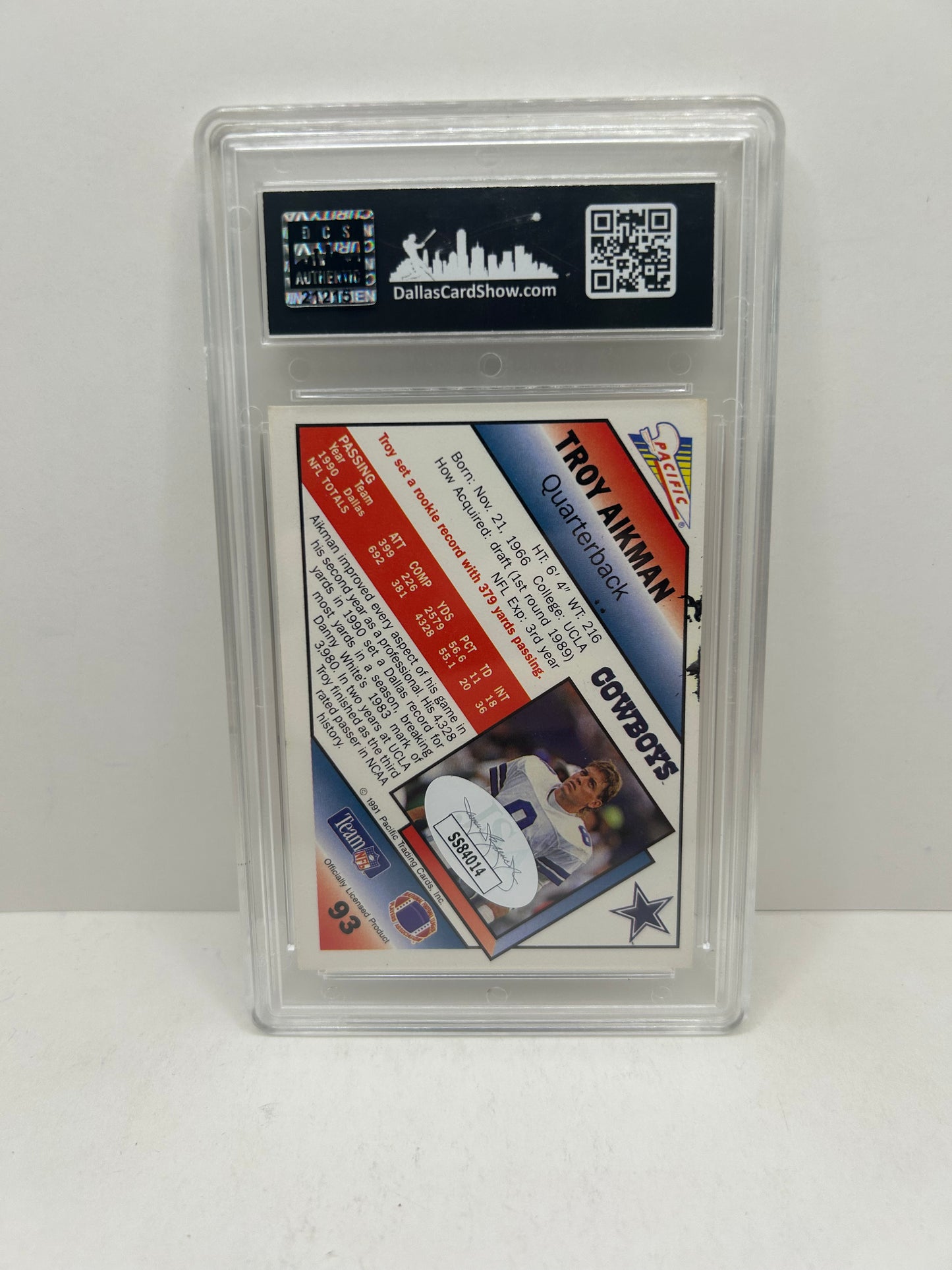 1991 Pacific Troy Aikman Dallas Cowboys UER Autographed JSA Certified