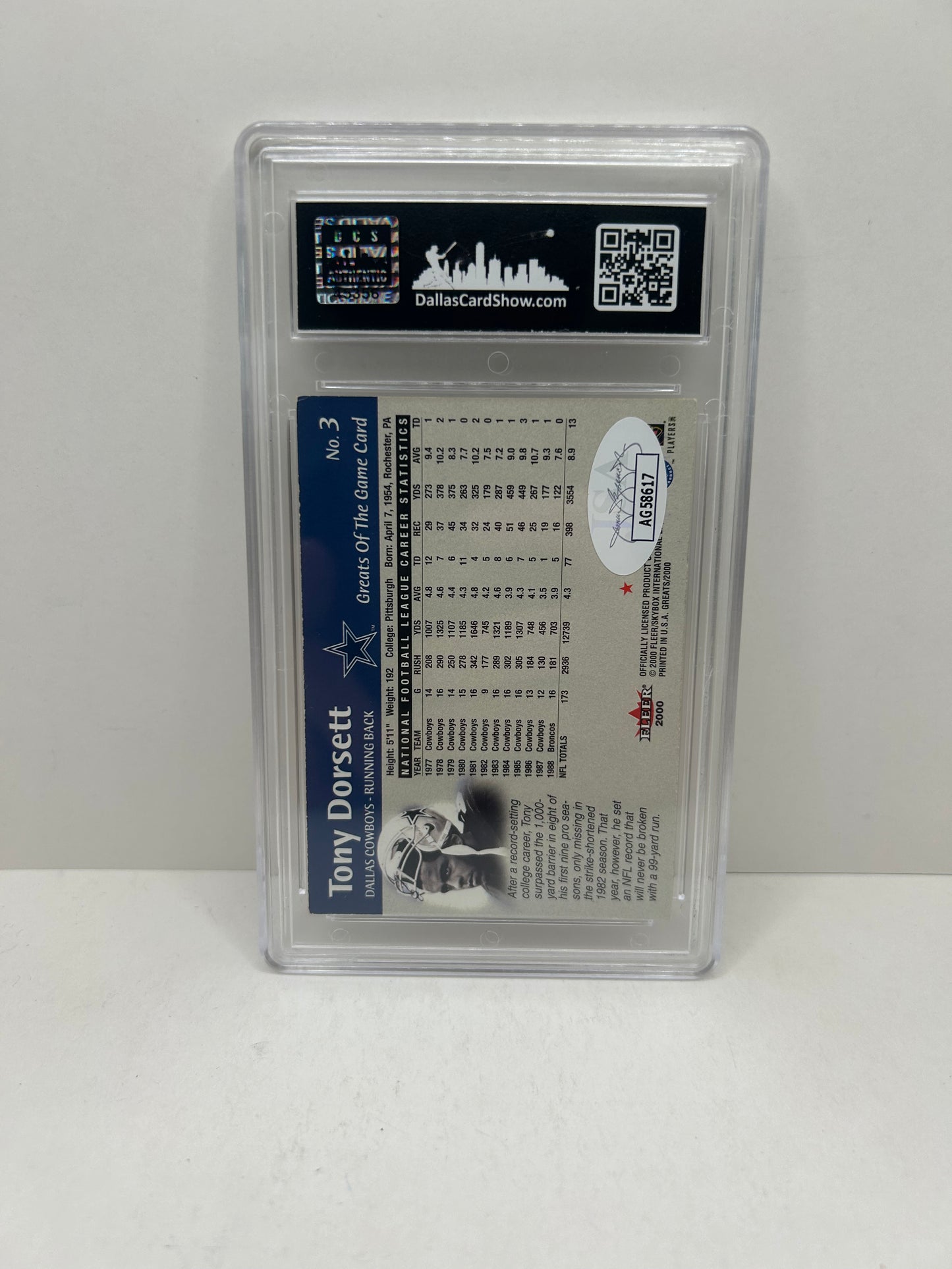 2000 Fleer Football Greats of the Game #3 Tony Dorsett Auto JSA Certified