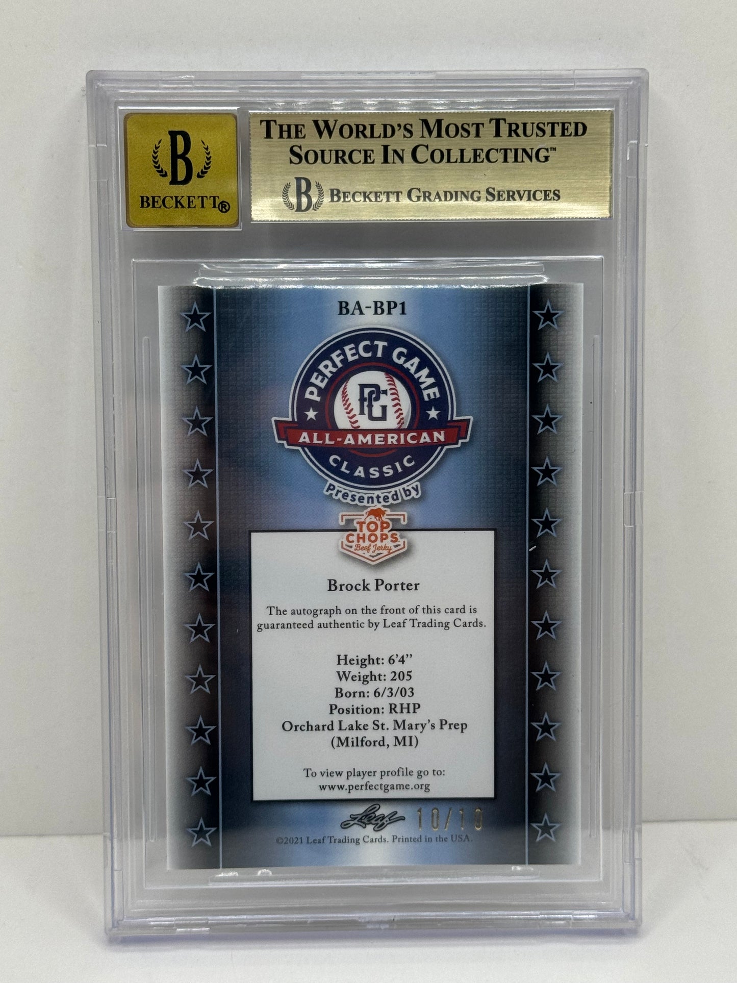 2021 Leaf Metal Brock Porter Perfect Game Wave Blue Autographs /10 #BABP1 BGS 9.5