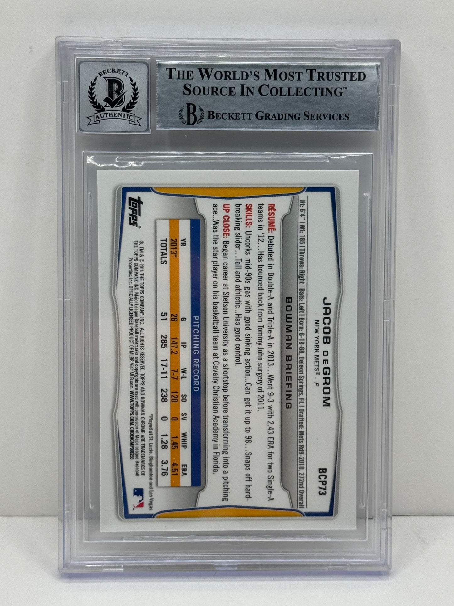 2014 Bowman Chrome Jacob Degrom #BCP73 Chrome Prospects Autograph Beckett 10 Auto