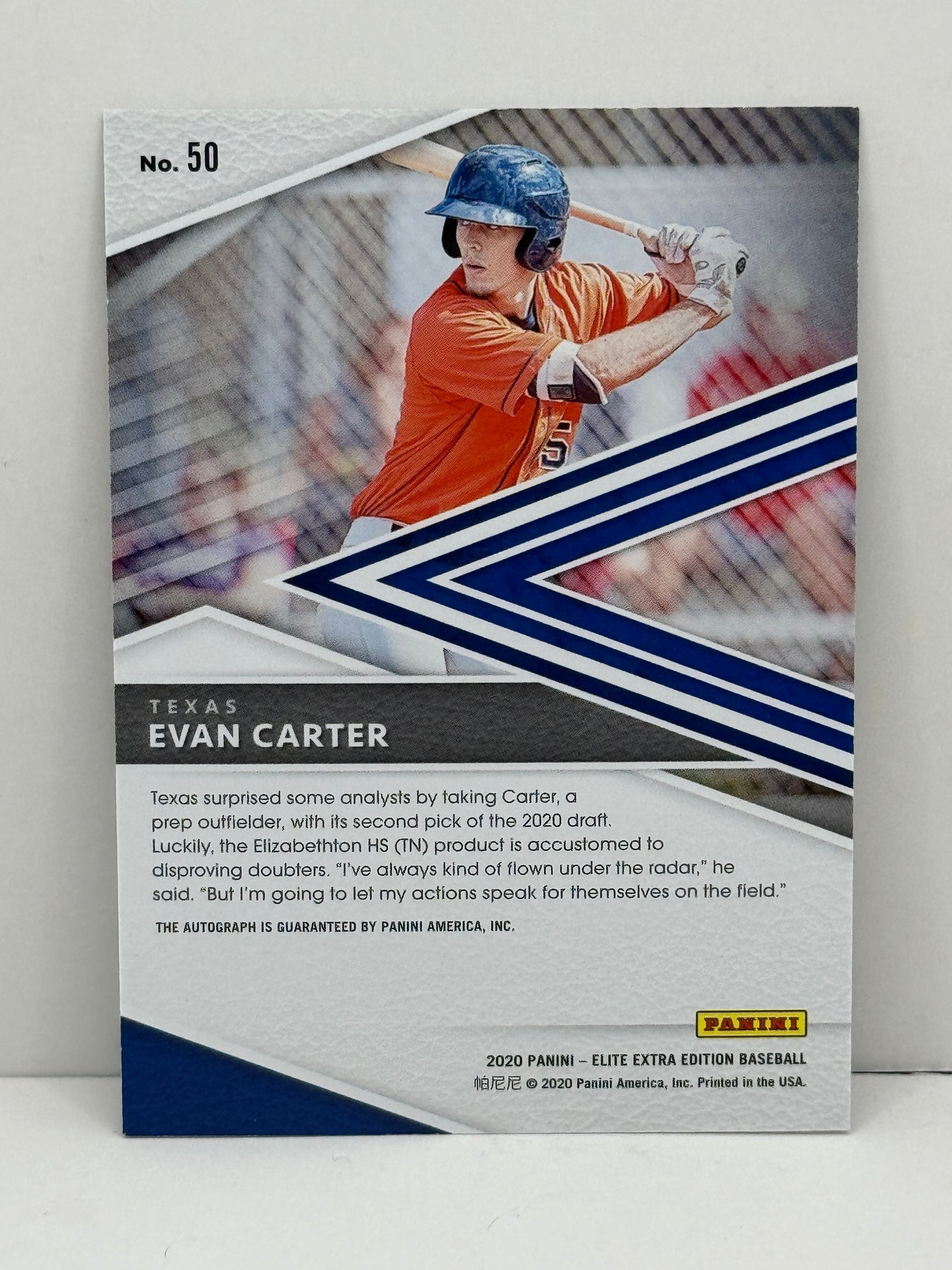 2020 Elite Extra Edition Evan Carter On Card Autograph #50 Rangers