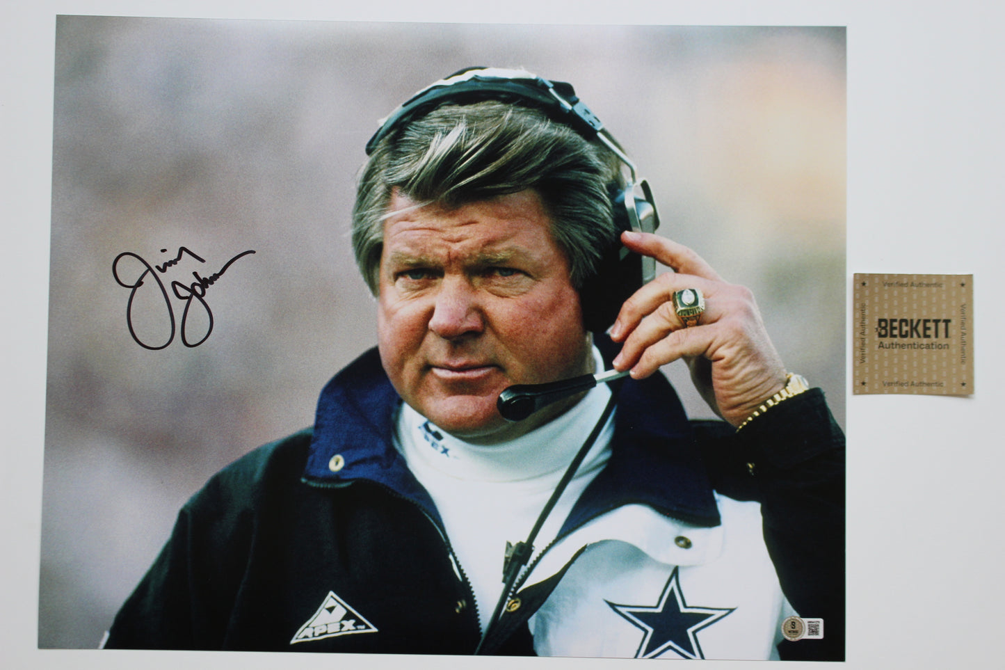JIMMY JOHNSON DALLAS COWBOYS SIGNED HeadSet 16x20 PHOTO BAS COA