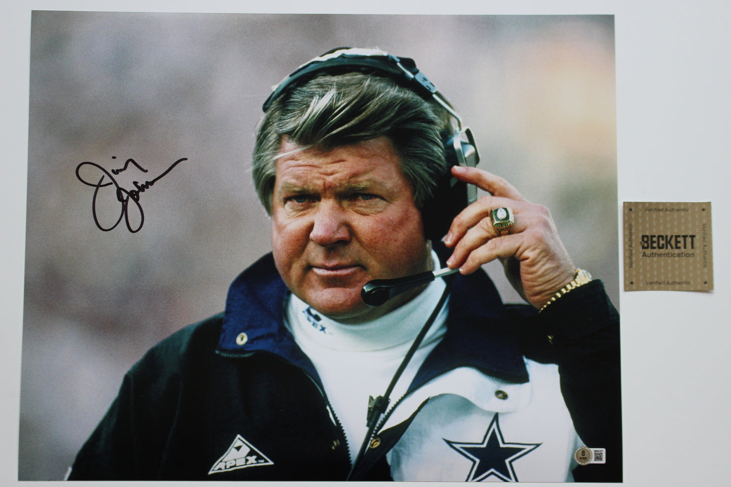 JIMMY JOHNSON DALLAS COWBOYS SIGNED HeadSet 16x20 PHOTO BAS COA