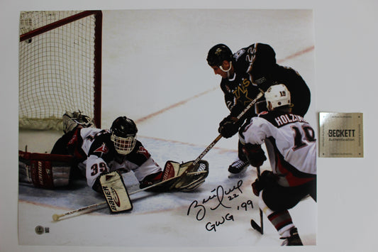BRETT HULL DALLAS STARS SIGNED 16x20 w/GWG 99 Stanley Cup Champs BAS COA