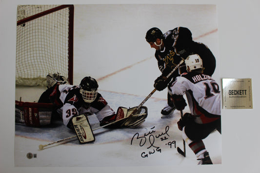 BRETT HULL DALLAS STARS SIGNED 16x20 w/GWG 99 Stanley Cup Champs BAS COA