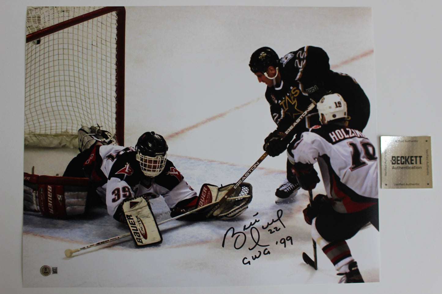 BRETT HULL DALLAS STARS SIGNED 16x20 w/GWG 99 Stanley Cup Champs BAS COA