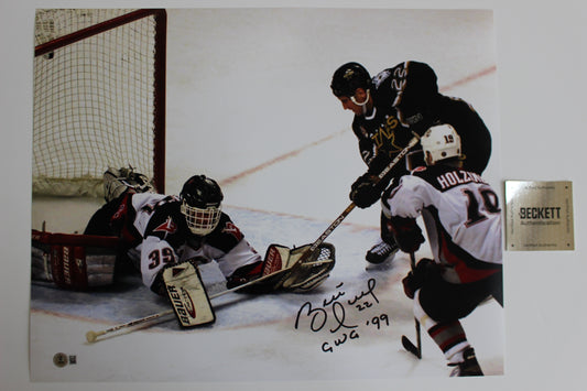 BRETT HULL DALLAS STARS SIGNED 16x20 w/GWG 99 Stanley Cup Champs BAS COA