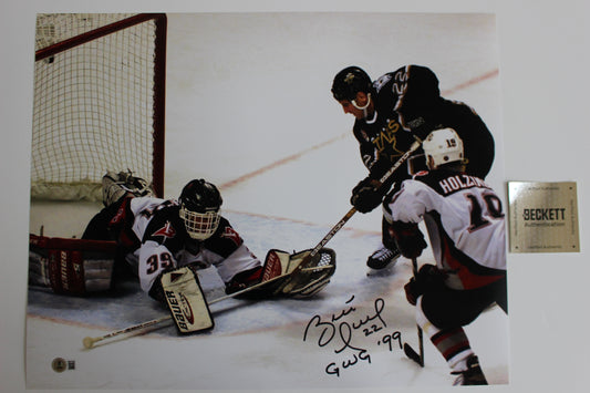 BRETT HULL DALLAS STARS SIGNED 16x20 w/GWG 99 Stanley Cup Champs BAS COA