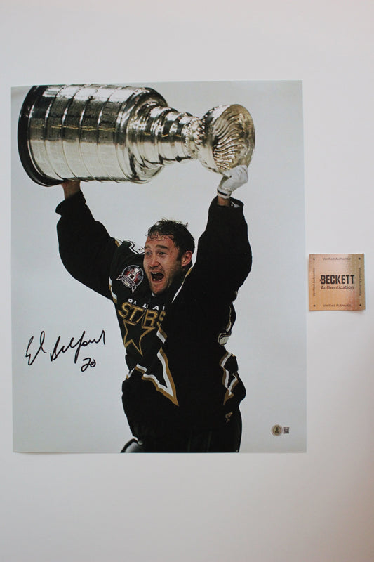 ED BELFOUR DALLAS STARS SIGNED 16x20 PHOTO Holding up the Cup BAS COA