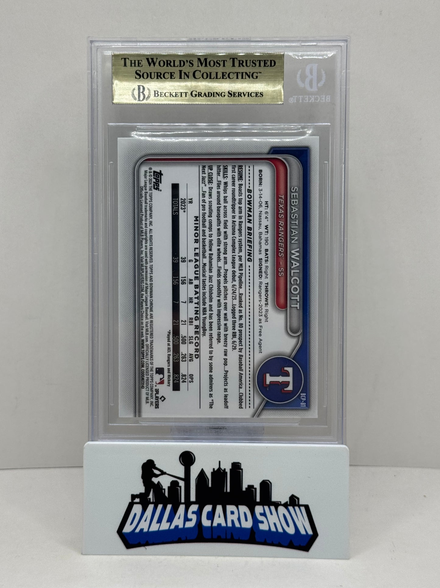 2024 Bowman Chrome #BCP81 Sebastian Walcott Lunar Glow Refractor BGS 9.5