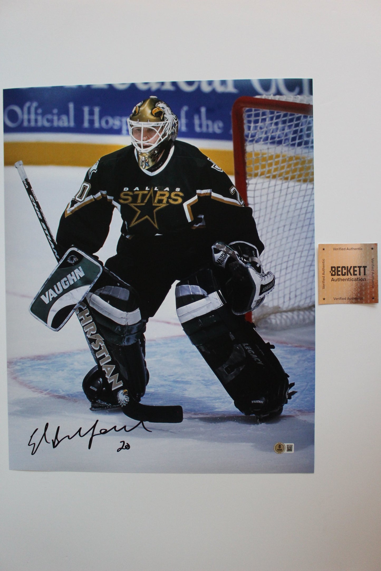 ED BELFOUR DALLAS STARS SIGNED 16x20 PHOTO Eddie the EAGLE BAS COA