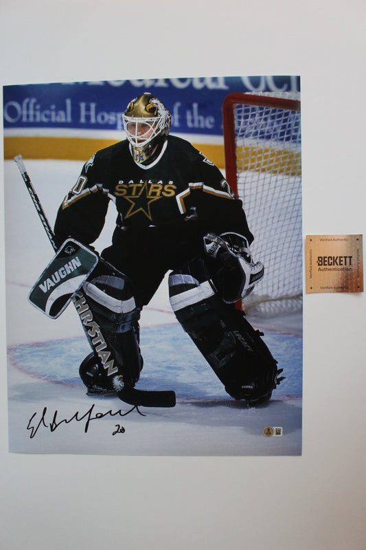 ED BELFOUR DALLAS STARS SIGNED 16x20 PHOTO Eddie the EAGLE BAS COA
