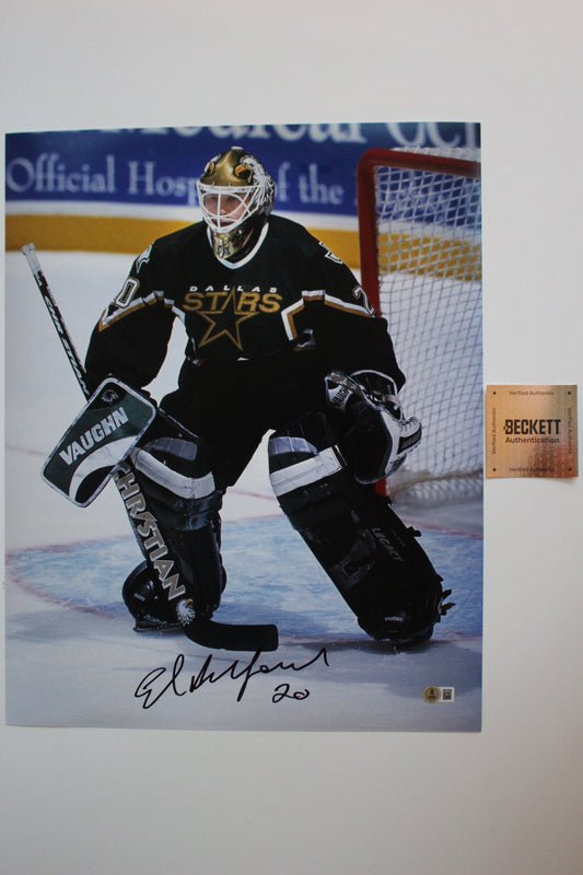 ED BELFOUR DALLAS STARS SIGNED 16x20 PHOTO Eddie the EAGLE BAS COA