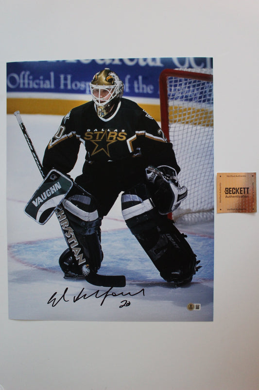 ED BELFOUR DALLAS STARS SIGNED 16x20 PHOTO Eddie the EAGLE BAS COA