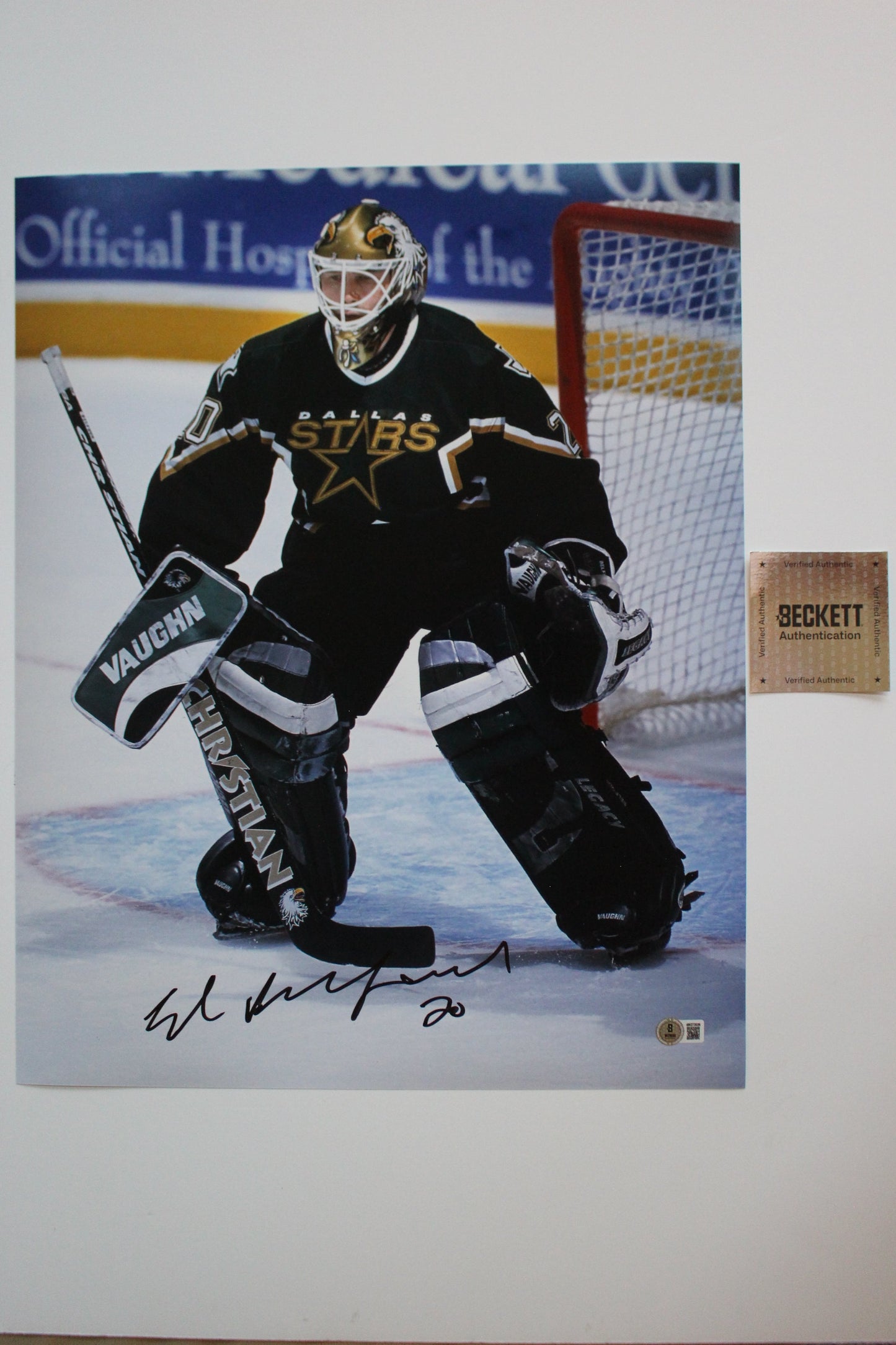 ED BELFOUR DALLAS STARS SIGNED 16x20 PHOTO Eddie the EAGLE BAS COA