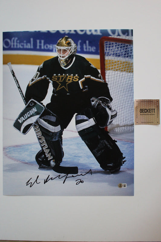 ED BELFOUR DALLAS STARS SIGNED 16x20 PHOTO Eddie the EAGLE BAS COA
