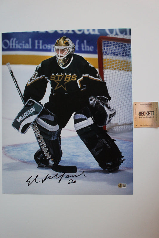 ED BELFOUR DALLAS STARS SIGNED 16x20 PHOTO Eddie the EAGLE BAS COA