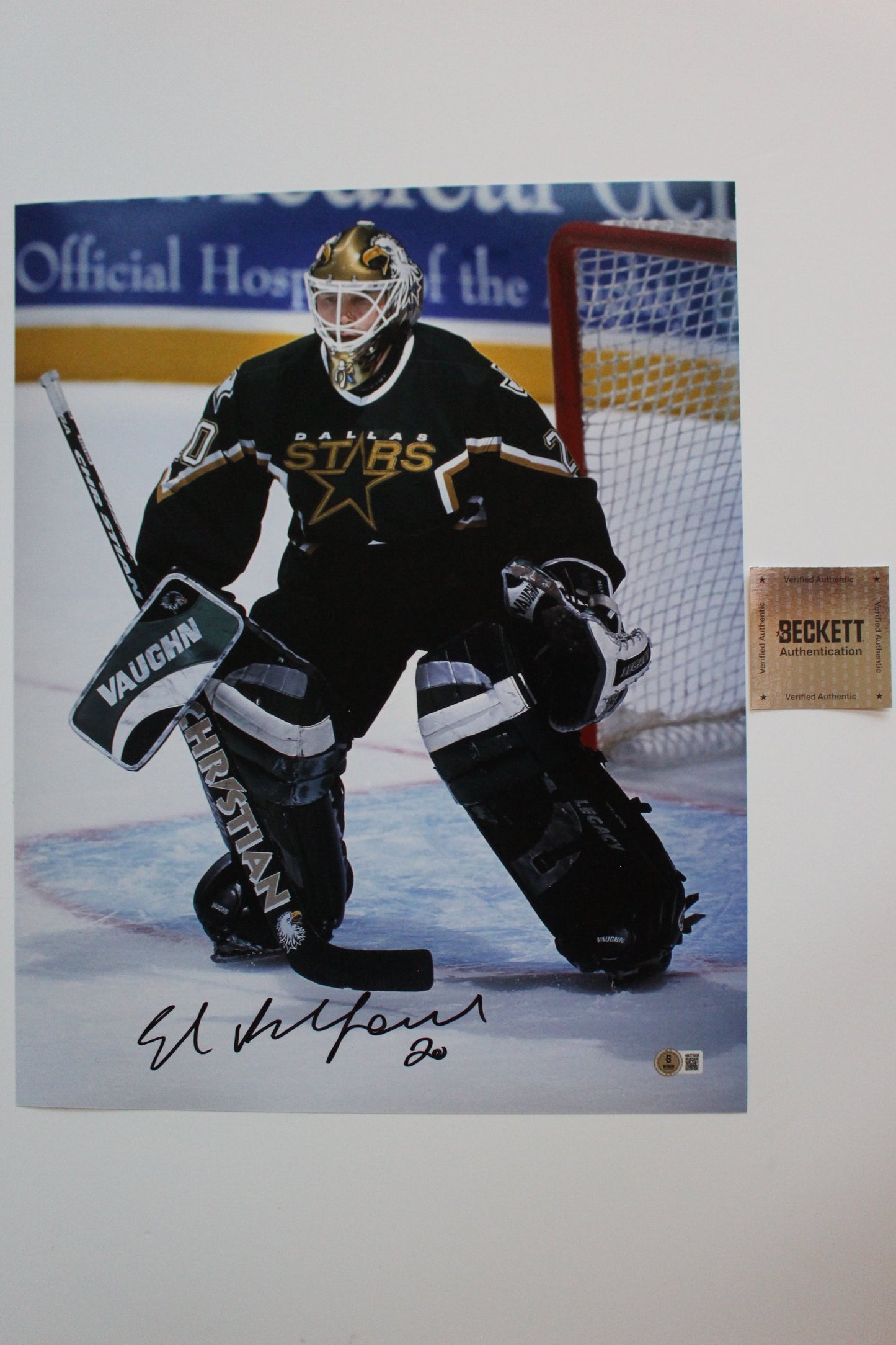 ED BELFOUR DALLAS STARS SIGNED 16x20 PHOTO Eddie the EAGLE BAS COA