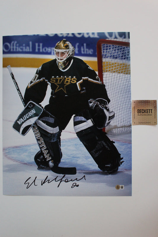 ED BELFOUR DALLAS STARS SIGNED 16x20 PHOTO Eddie the EAGLE BAS COA