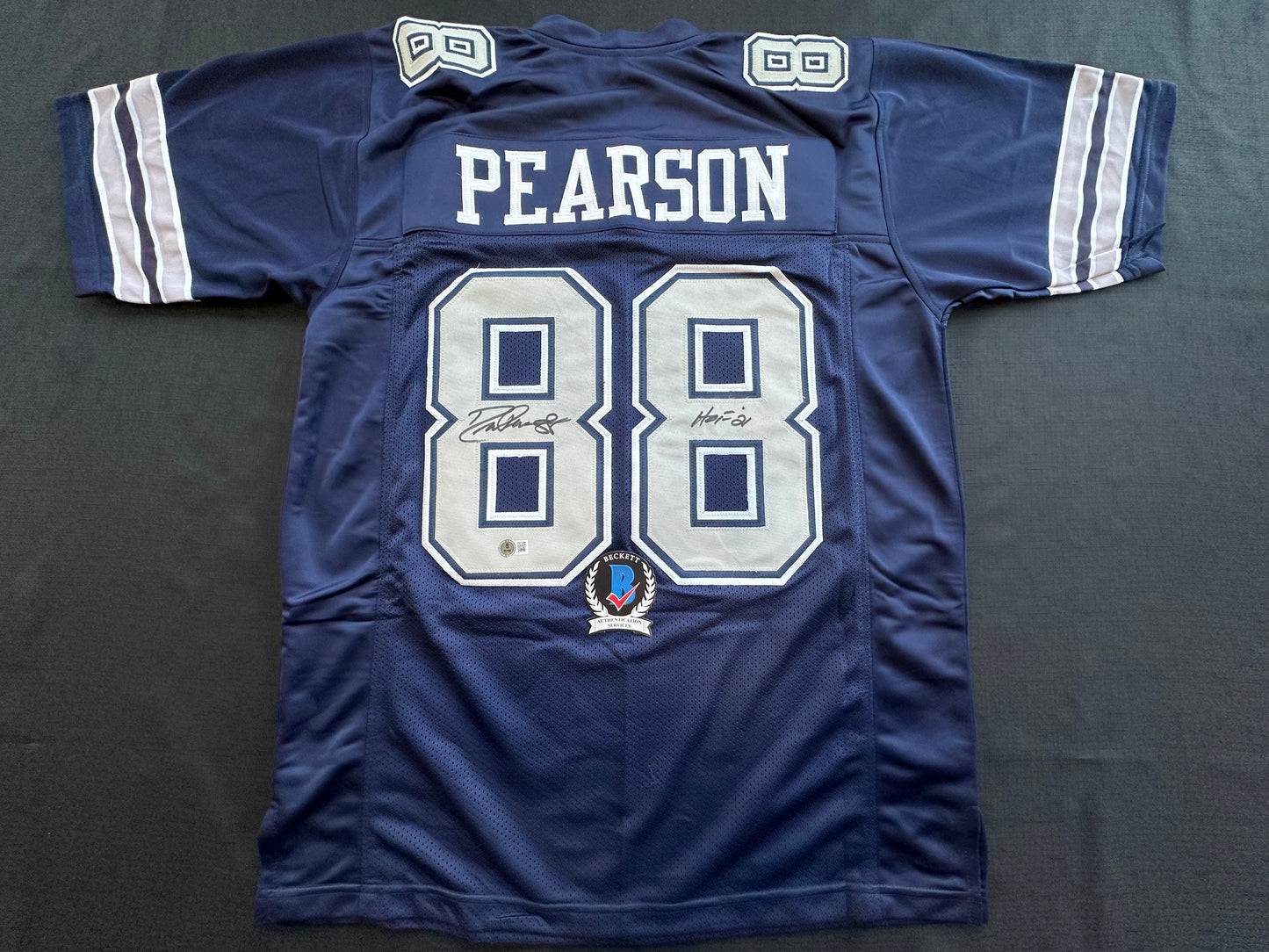 DREW PEARSON DALLAS COWBOYS SIGNED BLUE JERSEY w/HOF 21 Inscription BAS