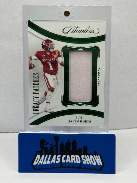 2020 Panini Flawless Collegieate Legacy Patches Emerald #8 Jalen Hurts #3/5
