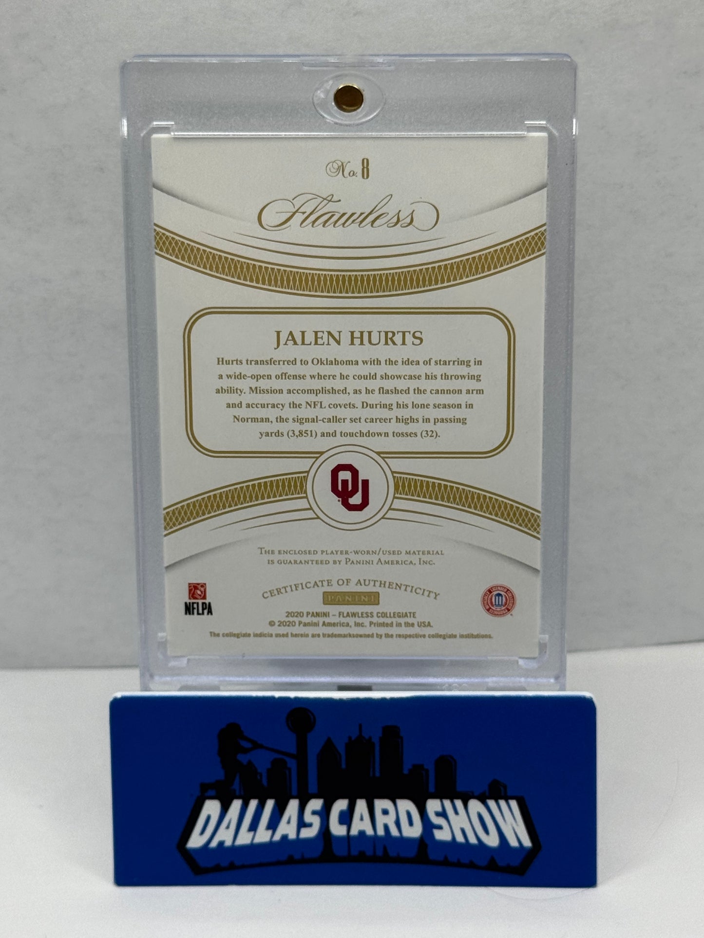 2020 Panini Flawless Collegieate Legacy Patches Emerald #8 Jalen Hurts #3/5