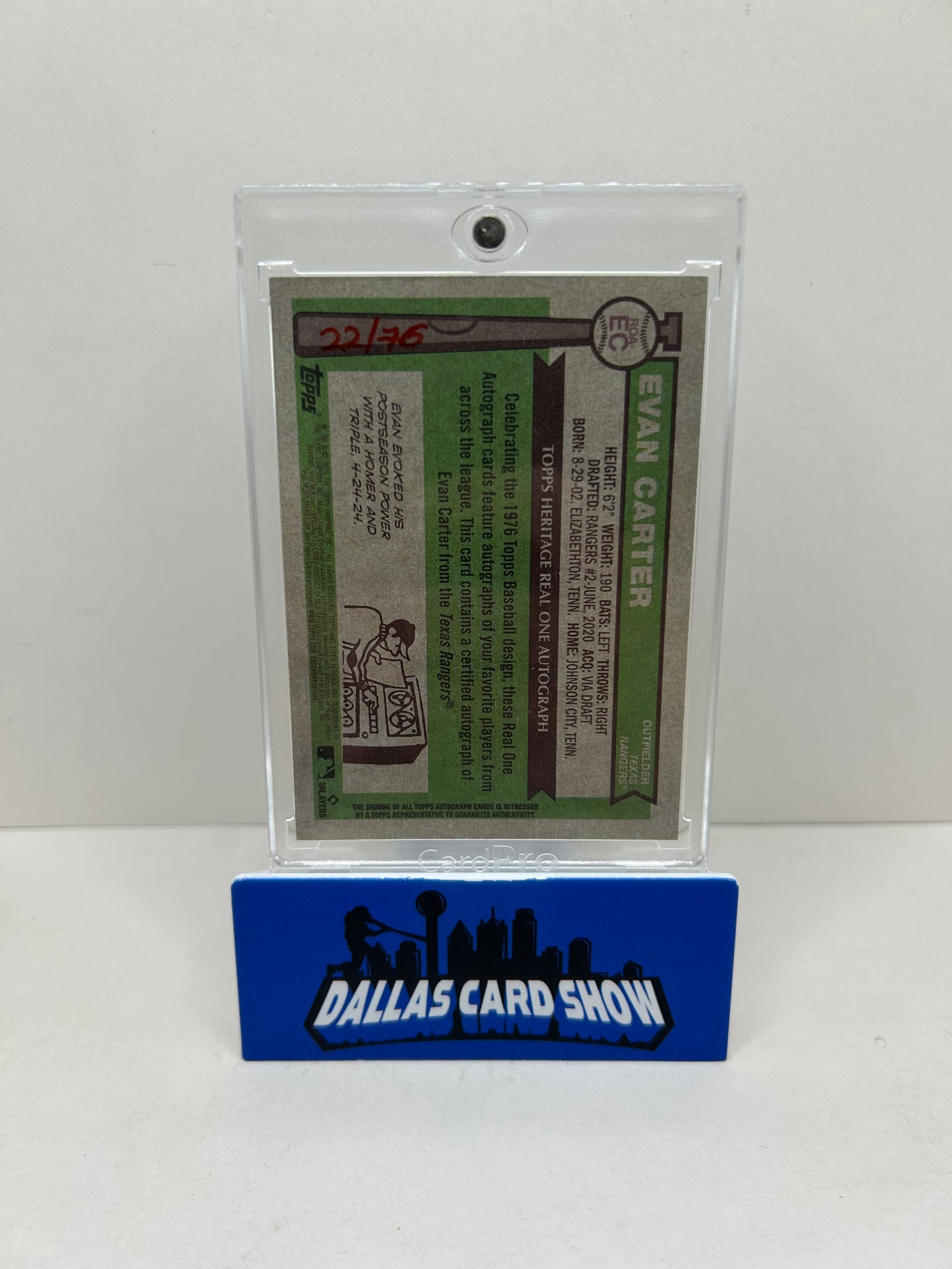 Evan Carter 2025 Topps Heritage Real One Red Ink On Card Auto /76 Rangers