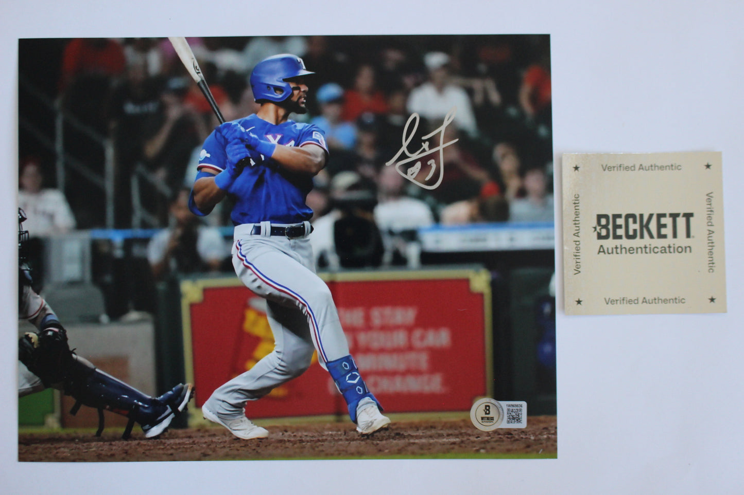 LEODY TAVARAS TEXAS RANGERS SIGNED 8x10 at BAT Blue Jersey BAS COA