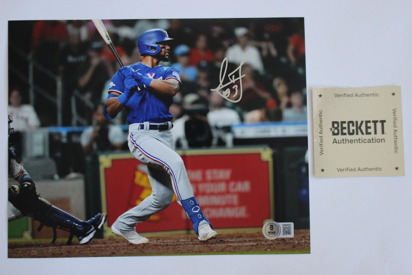 LEODY TAVARAS TEXAS RANGERS SIGNED 8x10 at BAT Blue Jersey BAS COA
