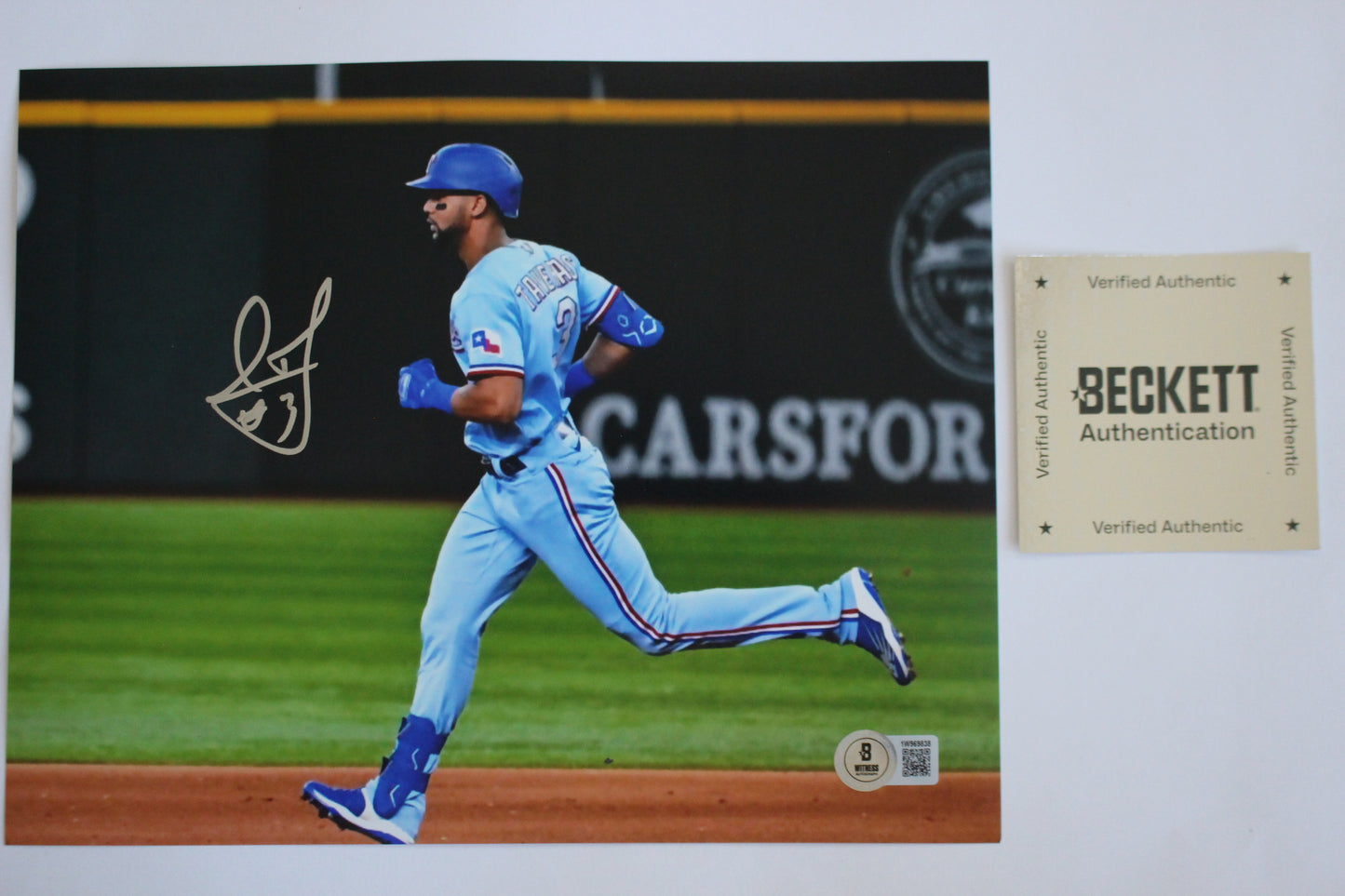 LEODY TAVERAS TEXAS RANGERS SIGNED 8x10 PHOTO ALT Light Blue UNIFORM BAS