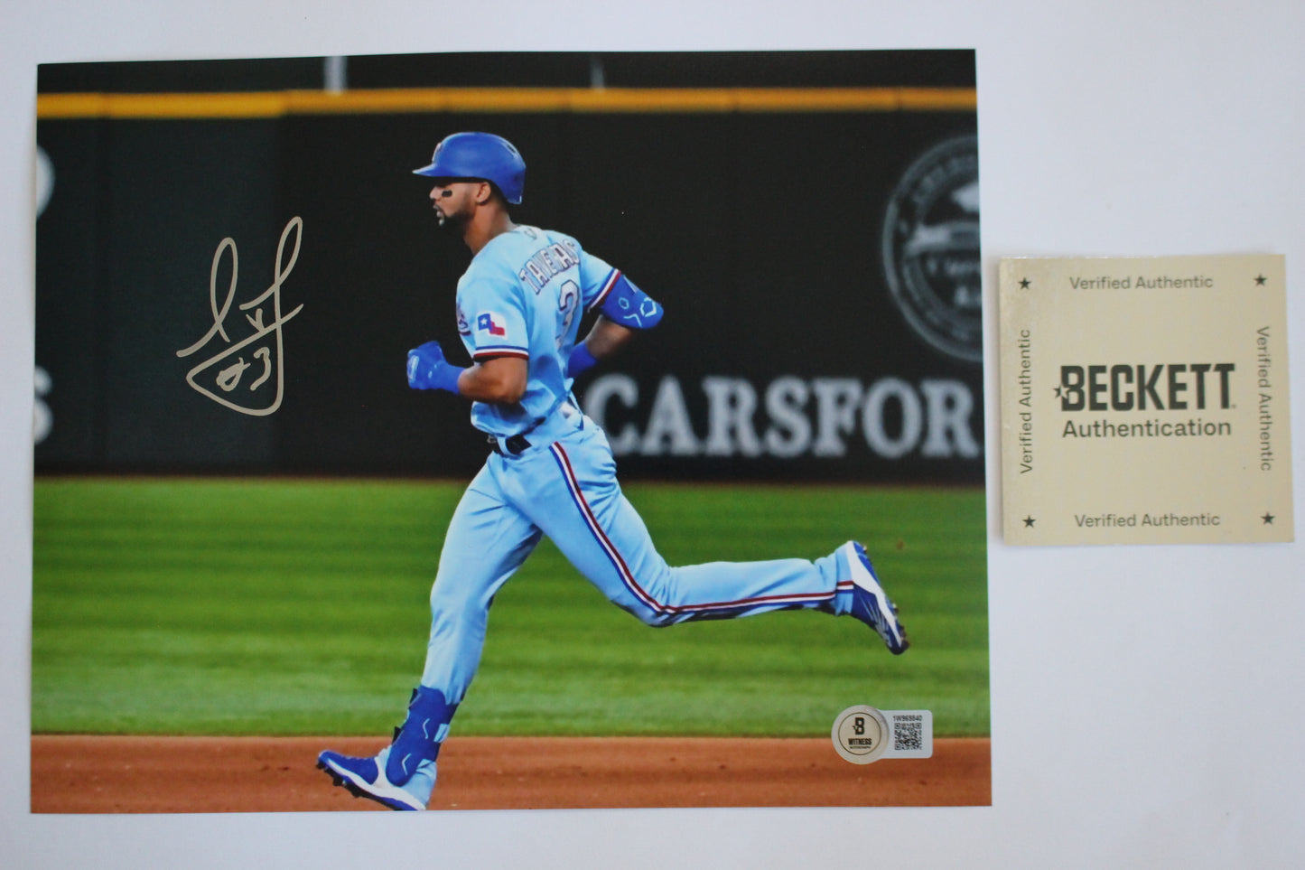 LEODY TAVERAS TEXAS RANGERS SIGNED 8x10 PHOTO ALT Light Blue UNIFORM BAS