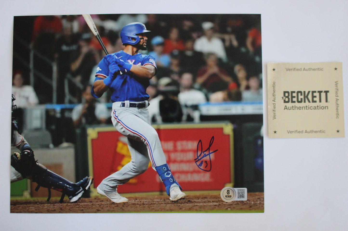 LEODY TAVARAS TEXAS RANGERS SIGNED 8x10 at BAT Blue Jersey BAS COA
