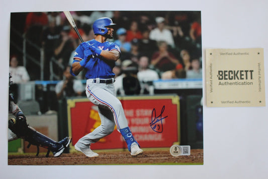 LEODY TAVARAS TEXAS RANGERS SIGNED 8x10 at BAT Blue Jersey BAS COA