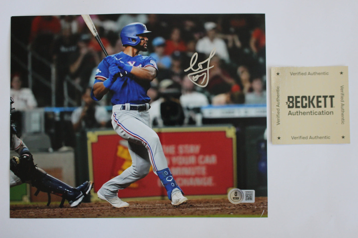LEODY TAVARAS TEXAS RANGERS SIGNED 8x10 at BAT Blue Jersey BAS COA