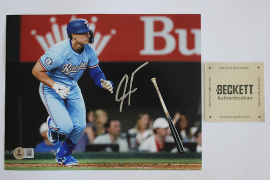 JUSTIN FOSCUE TEXAS RANGERS SIGNED 8x10 PHOTO Light Blue Uni BAS COA