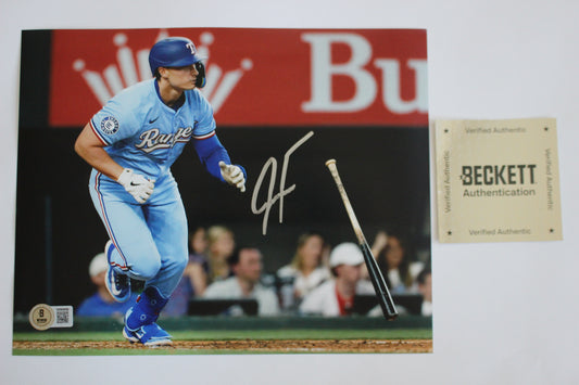 JUSTIN FOSCUE TEXAS RANGERS SIGNED 8x10 PHOTO Light Blue Uni BAS COA