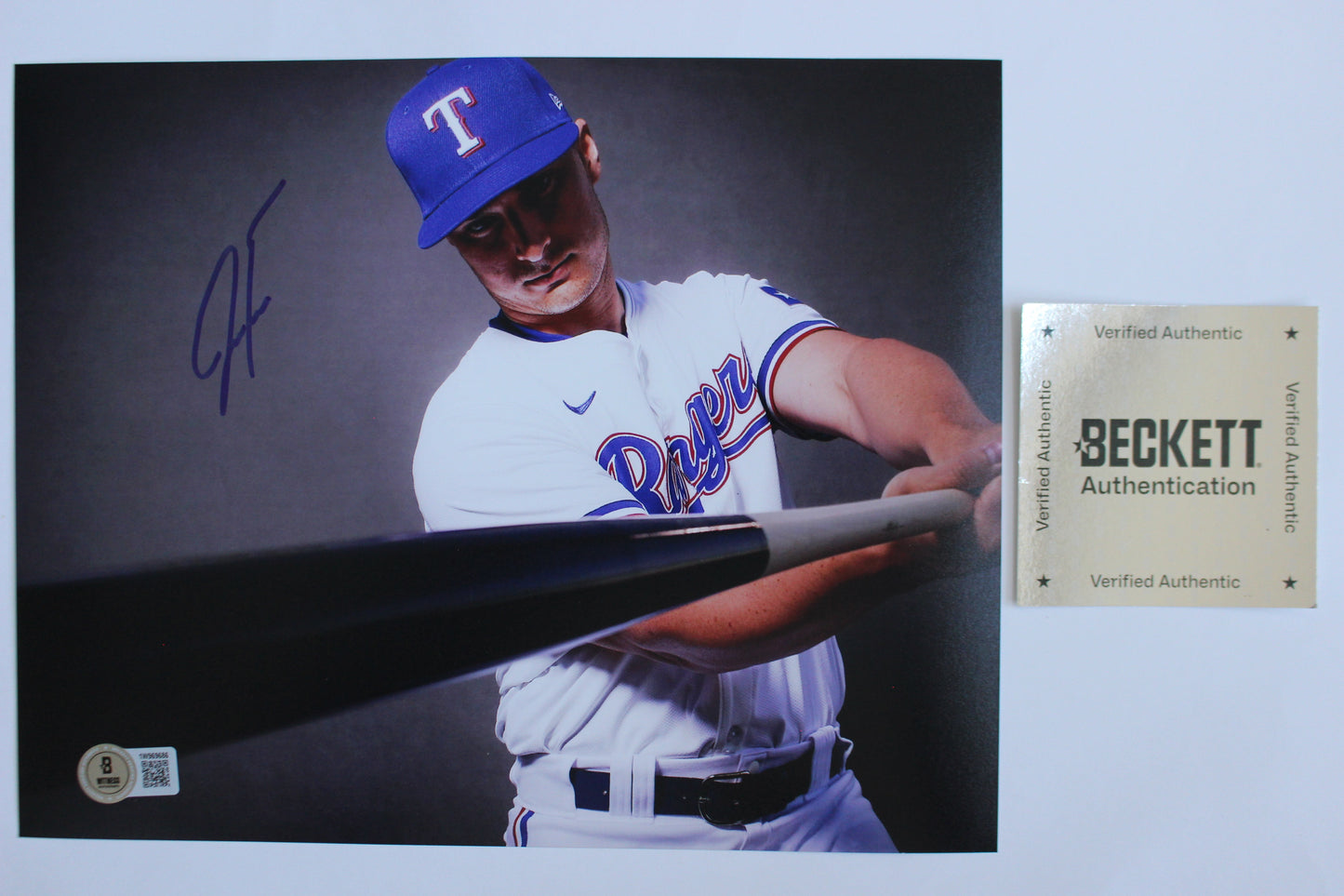 JUSTIN FOSCUE TEXAS RANGERS SIGNED 8x10 PHOTO In Studio BAS