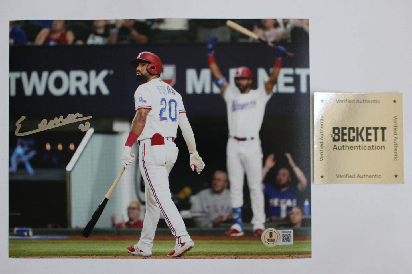 EZEQUIEL DURAN TEXAS RANGERS SIGNED 8x10 PHOTO Red Helmet HR BAS COA
