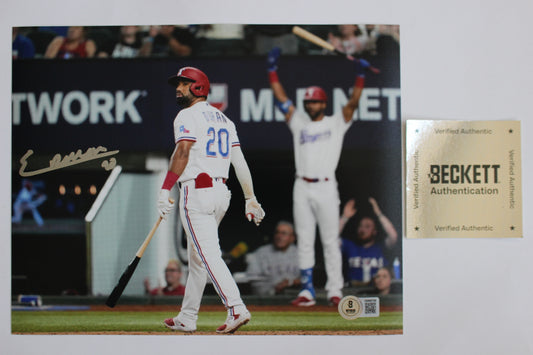 EZEQUIEL DURAN TEXAS RANGERS SIGNED 8x10 PHOTO Red Helmet HR BAS COA