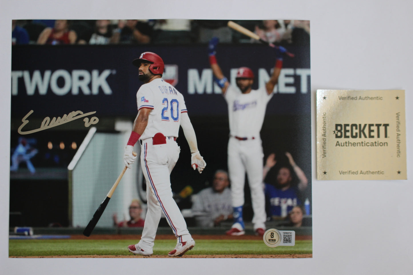 EZEQUIEL DURAN TEXAS RANGERS SIGNED 8x10 PHOTO Red Helmet HR BAS COA