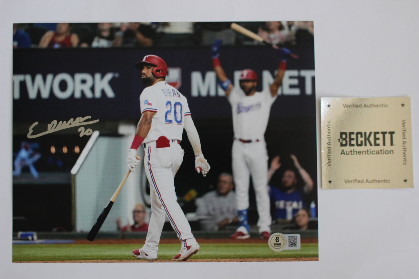 EZEQUIEL DURAN TEXAS RANGERS SIGNED 8x10 PHOTO Red Helmet HR BAS COA