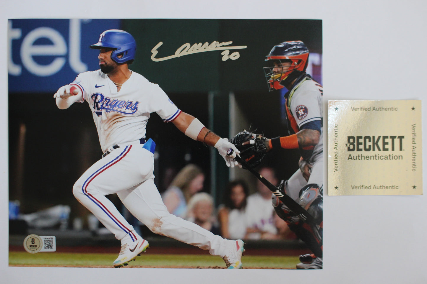 EZEQUIEL DURAN TEXAS RANGERS SIGNED 8x10 PHOTO Blue Helmet BAS COA