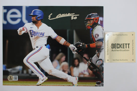 EZEQUIEL DURAN TEXAS RANGERS SIGNED 8x10 PHOTO Blue Helmet BAS COA