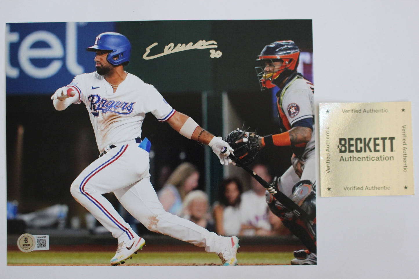 EZEQUIEL DURAN TEXAS RANGERS SIGNED 8x10 PHOTO Blue Helmet BAS COA