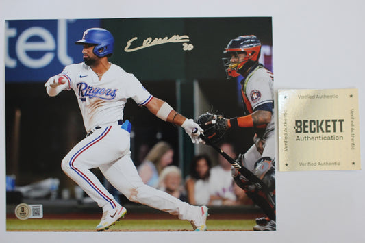 EZEQUIEL DURAN TEXAS RANGERS SIGNED 8x10 PHOTO Blue Helmet BAS COA
