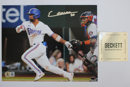 EZEQUIEL DURAN TEXAS RANGERS SIGNED 8x10 PHOTO Blue Helmet BAS COA