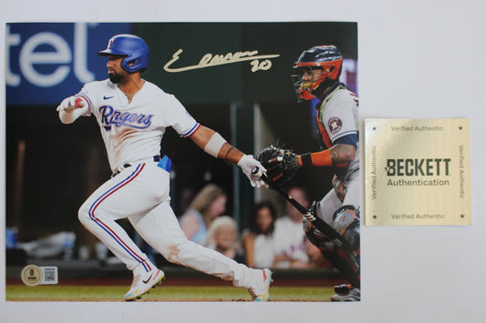 EZEQUIEL DURAN TEXAS RANGERS SIGNED 8x10 PHOTO Blue Helmet BAS COA