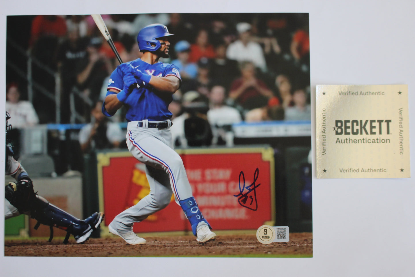LEODY TAVARAS TEXAS RANGERS SIGNED 8x10 at BAT Blue Jersey BAS COA
